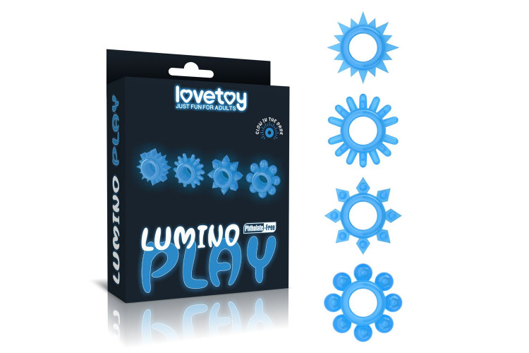 Набор из 4 голубых, светящихся в темноте эрекционных колец Lumino Play