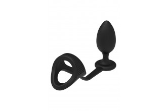 Черное эрекционное кольцо с анальной пробкой Cockstrap With Anal Plug