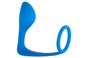 Синее эрекционное кольцо с анальной пробкой Button Anal Plug