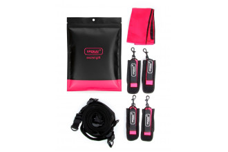 Черно-розовый эротический набор: фиксатор, оковы, наручники, повязка