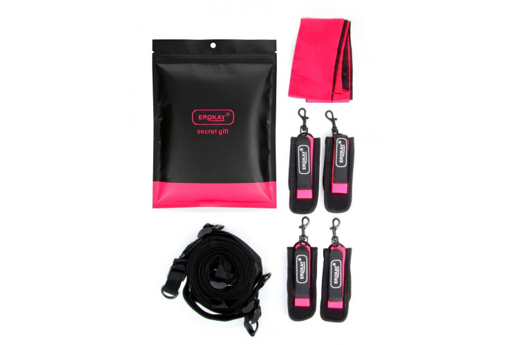 Черно-розовый эротический набор: фиксатор, оковы, наручники, повязка Черно-розовый эротический набор: фиксатор, оковы, наручники, повязка