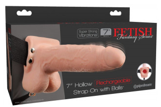 Телесный перезаряжаемый вибрострапон 7 Hollow Rechargeable Strap-on with Balls - 20,3 см.