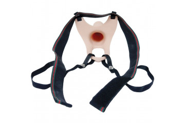 Телесный полый страпон на ремешках - 16,5 см.