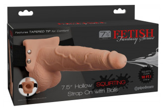 Телесный полый страпон с имитацией эякуляции 7.5 Hollow Squirting Strap-On with Balls - 21,6 см.