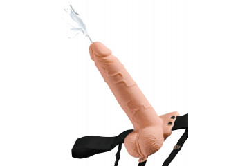 Телесный полый страпон с имитацией эякуляции 7.5 Hollow Squirting Strap-On with Balls - 21,6 см.