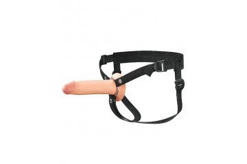 Телесный полый страпон на черных ремнях Hollow Silicone Strap-on - 17,8 см.