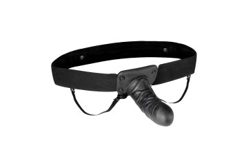 Чёрный полый страпон с вибрацией Unisex Vibrating Hollow Strap-On - 14 см.