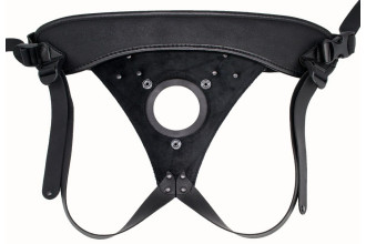 Телесный реалистичный фаллоимитатор на черных трусиках Real Big Strap-On - 34,5 см.