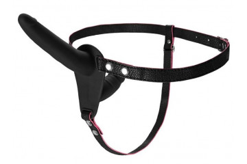 Черный страпон на ремнях с вагинальной пробкой - 15 см.