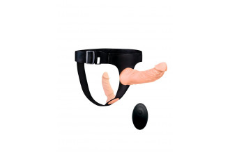 Женский страпон с 2 насадками, вибрацией и пультом ДУ Женский страпон с 2 насадками, вибрацией и пультом ДУ