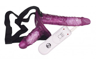 Страпон с вибрацией и вагинальной пробкой STRAP ON DUO - 18 см.