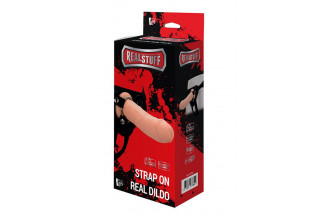 Черные трусики с телесной насадкой STRAP ON REAL DILDO - 21 см.