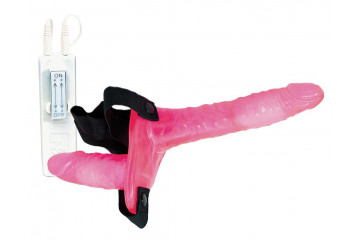 Поясной розовый виброфаллос с вагинальной пробкой - 17,5 см.