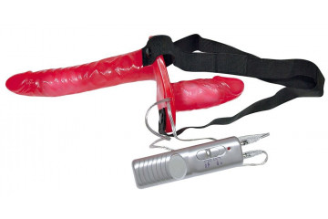 Красный женский страпон с вагинальной пробкой Bad Kitty - 18 см.