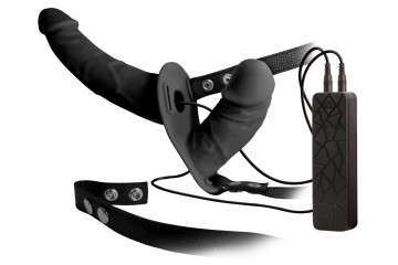 Чёрный вибрострапон с вагинальной пробкой Double Thruster - 17 см.