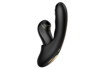 Черный вибратор с возвратно-поступательными движениями и вакуумом Fatima - 19,2 см.