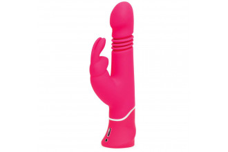 Розовый вибратор Thrusting Realistic Rechargeable Rabbit Vibrator с имитацией толчков - 22,8 см.