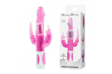 Розовый вибратор-ротатор с анальным и клиторальным стимуляторами - 22,3 см.