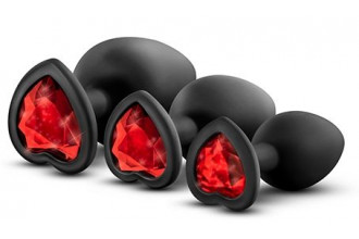 Набор черных анальных пробок с красным кристаллом-сердечком Bling Plugs Training Kit
