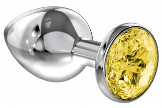Большая серебристая анальная пробка Diamond Yellow Sparkle Large с жёлтым кристаллом - 8 см.