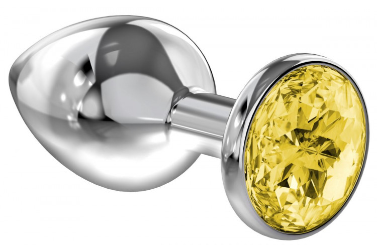 Большая серебристая анальная пробка Diamond Yellow Sparkle Large с жёлтым кристаллом - 8 см.