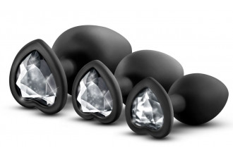 Набор из 3 черных пробок с прозрачным кристаллом-сердечком Bling Plugs Training Kit