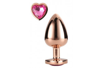 Золотистая анальная втулка с кристаллом-сердечком розового цвета - 7,1 см.