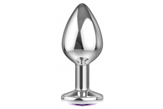 Большая серебристая анальная пробка Diamond Purple Sparkle Large с фиолетовым кристаллом - 8 см.