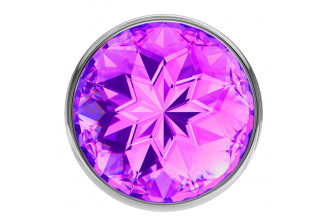 Большая серебристая анальная пробка Diamond Purple Sparkle Large с фиолетовым кристаллом - 8 см.