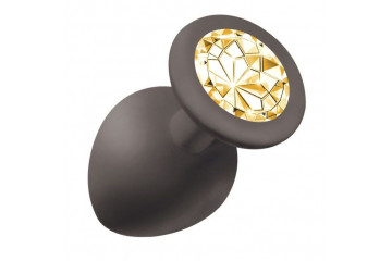 Чёрная анальная пробка Emotions Cutie Large с желтым кристаллом - 10 см.