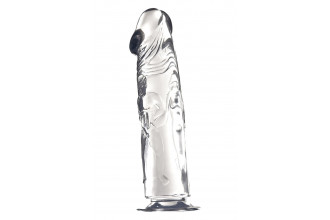 Прозрачный фаллоимитатор с фигурками на поверхности - 21,6 см.