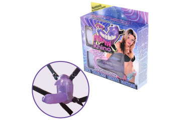 Фиолетовый вибростимулятор в виде рога носорога на регулируемых трусиках и с пультом ДУ