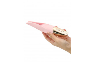 Нежно-розовый мини-вибратор с раздвоенным кончиком - 12,3 см.