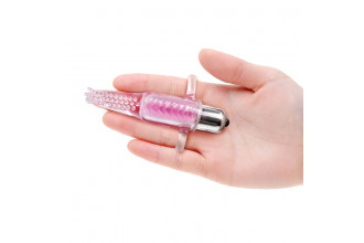 Розовый вибромассажер с щёточкой и петлями для пальцев Vibro Finger