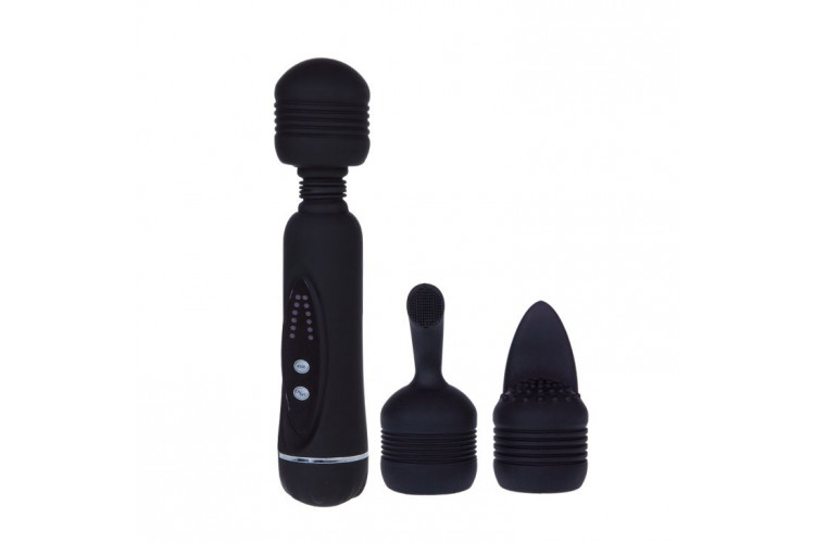 Черный вибромассажер со сменными насадками Power Wand - 20,5 см.