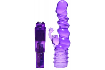 Фиолетовая виброракета с насадкой-кроликом Ribbed Rabbit Vibrator - 21,6 см.