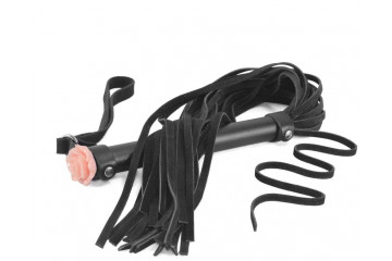 Черная многохвостая плеть с наконечником-розой - 57 см.