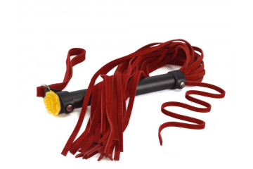 Красная многохвостая плеть с розой на рукояти - 57 см.