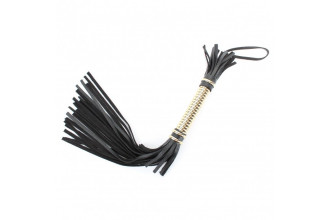 Чёрная кожаная плетка с золотистой рукоятью - 45 см.