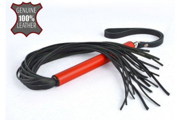 Черная кожаная плеть MIX с красной рукоятью - 47 см.