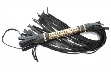 Чёрная плетка из натуральной кожи с золотистой отделкой рукояти - 60 см.