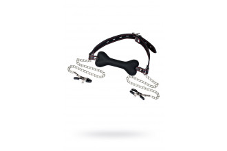 Черный кляп-трензель Theatre в виде косточки с зажимами для сосков Черный кляп-трензель Theatre в виде косточки с зажимами для сосков