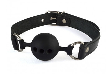 Силиконовый кляп-шар с ремешками из натуральной кожи черного цвета