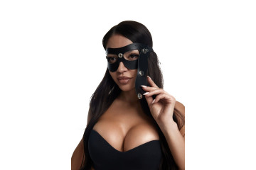 Черная кожаная маска со съёмной шторкой на кнопках