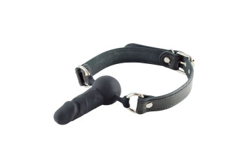 Черный кляп-шар с фаллосом на кожаных ремешках