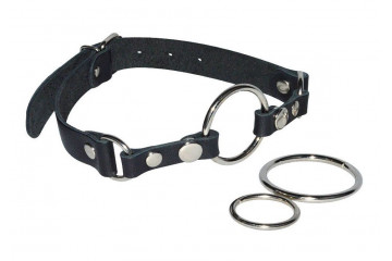 Черный кожаный кляп с 3 сменными кольцами