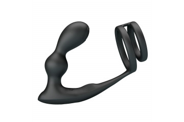 Черный вибростимулятор простаты с фиксацией кольцами
