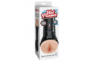 Телесный мастурбатор-вагина в черной колбе Super Luscious Lips XXL