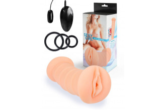 Телесный двусторонний мастурбатор с вибропулей и эрекционными кольцами в комплекте