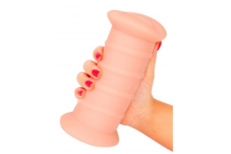 Телесный двусторонний мастурбатор с вибропулей и эрекционными кольцами в комплекте